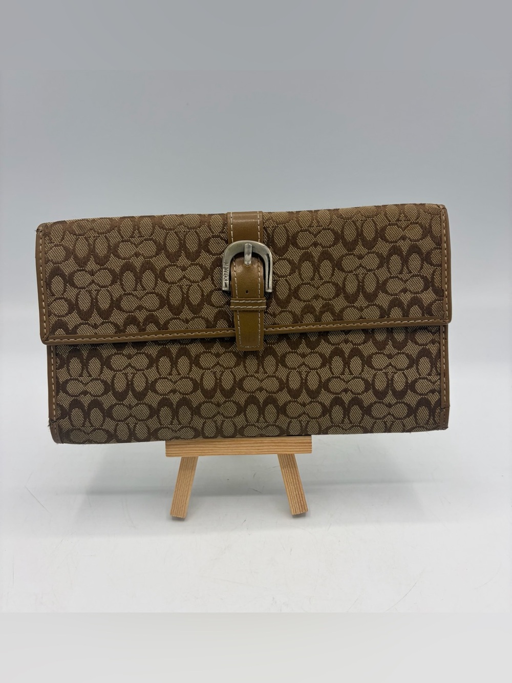 Coach Brown Signature Pattern Clutch Wallet with Buckle